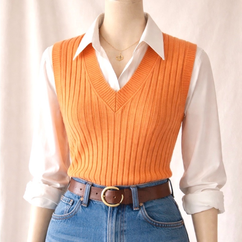 Vintage 70s - Sears - cantaloupe tone Ribbed V-Neck Sweater Tank - original tag